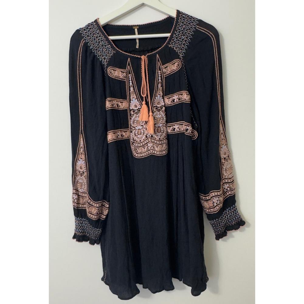 Free People Embroidered Tunic Dress Medium Black Peach Boho Smocked Festival